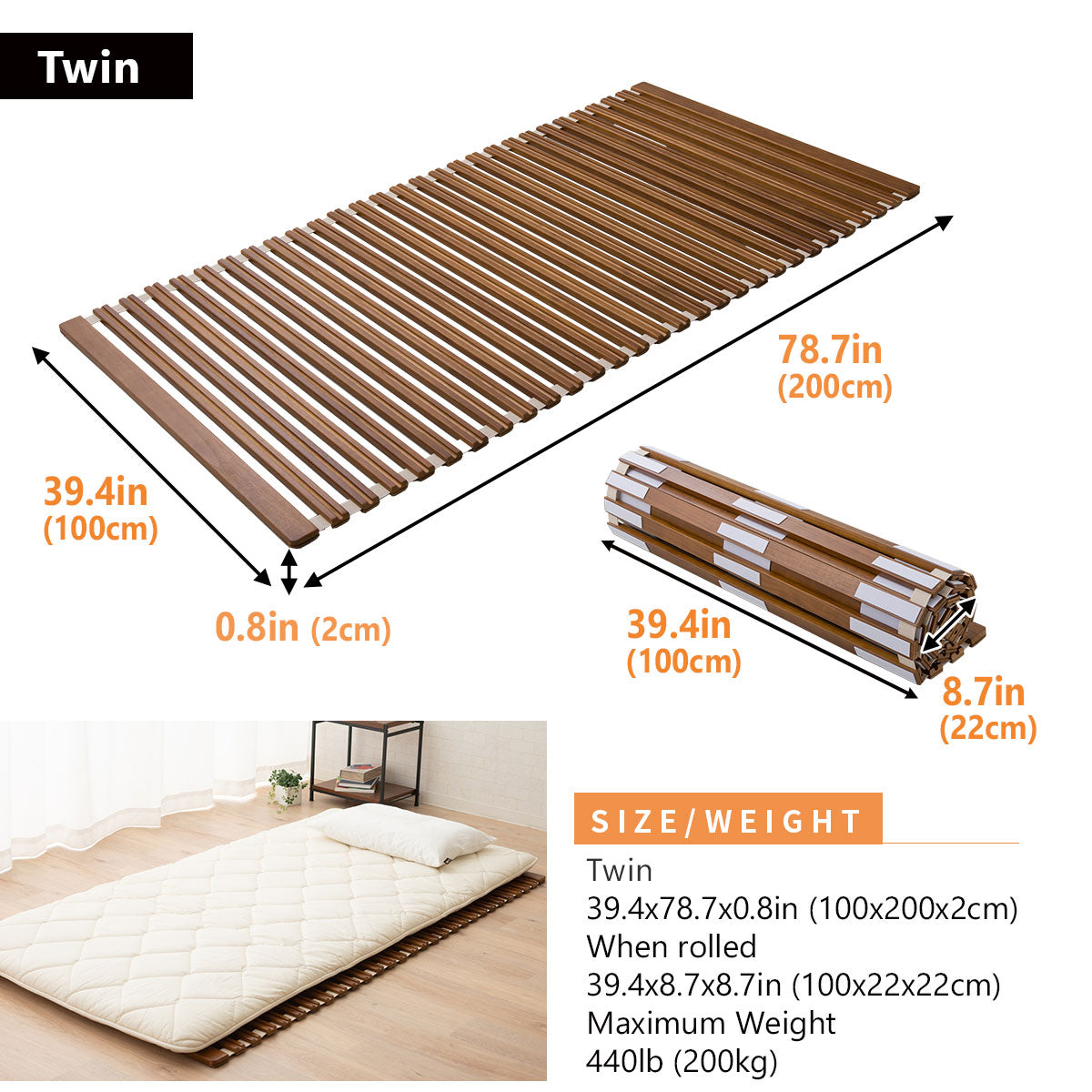 EMOOR Rollable Slatted Mattress Base OSMOS Made of Solid Paulownia Wood Brown, Tatami Futon Bed Pallet Bed