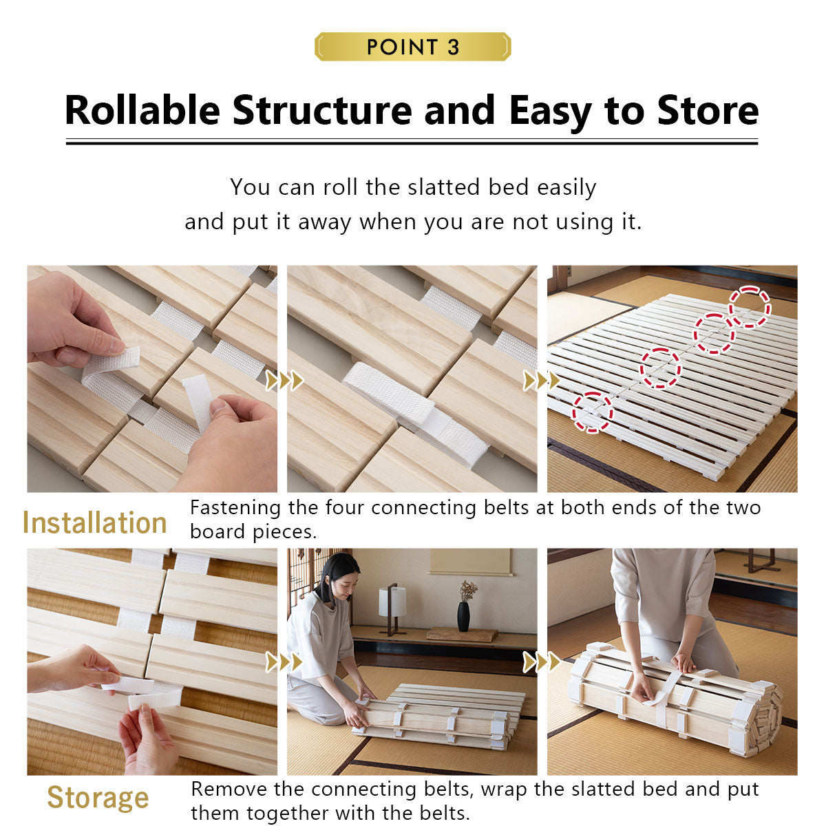 EMOOR Rolllatten Futonbett Franco-ROLL für Japanische Boden-Futon-Matratze, Holz Paulownia Boden Unlackiert Natürlich Schlafbettwäsche Gäste Tatami-Matte