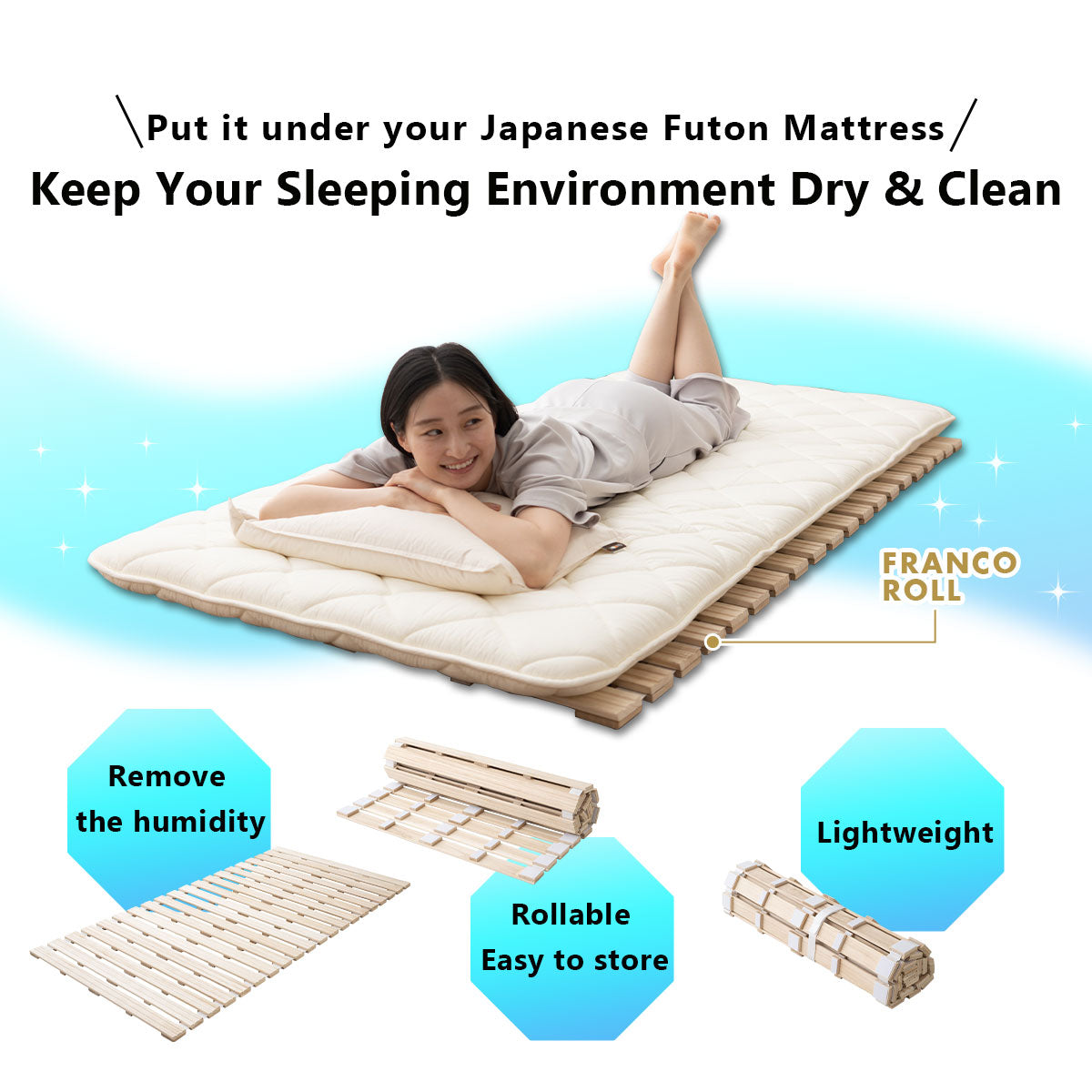 EMOOR Rolllatten Futonbett Franco-ROLL für Japanische Boden-Futon-Matratze, Holz Paulownia Boden Unlackiert Natürlich Schlafbettwäsche Gäste Tatami-Matte