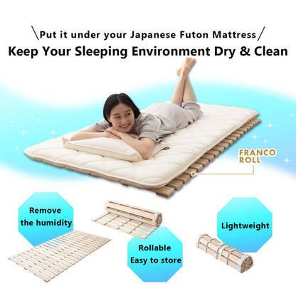EMOOR Rolllatten Futonbett Franco-ROLL für Japanische Boden-Futon-Matratze, Holz Paulownia Boden Unlackiert Natürlich Schlafbettwäsche Gäste Tatami-Matte
