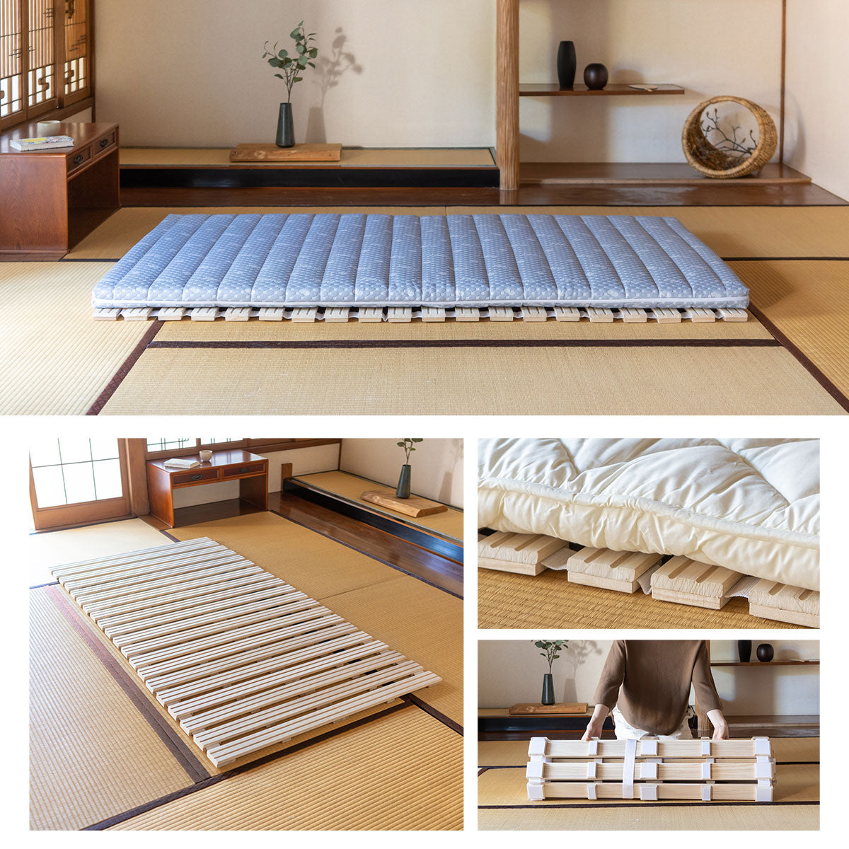 EMOOR Rolllatten Futonbett Franco-ROLL für Japanische Boden-Futon-Matratze, Holz Paulownia Boden Unlackiert Natürlich Schlafbettwäsche Gäste Tatami-Matte